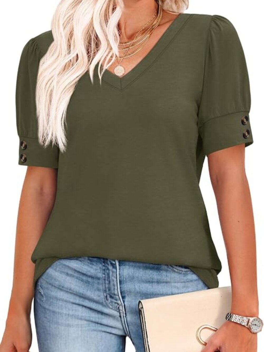 Womens Tops Short Sleeve Shirts Buttons V Neck Spring Fashion Summer Outfits Plu - Picture 4 of 5
